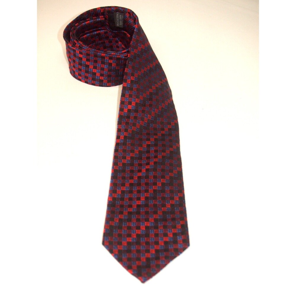 Vintage Dona Dona Red Black & Blue Boxes Men's Necktie 100% Silk 67”x 3.5” XLong